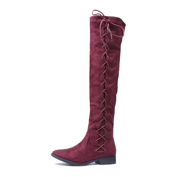 Wine Lace Up Sueded Over Knee Equestrian Boots - Picture 2 of 5